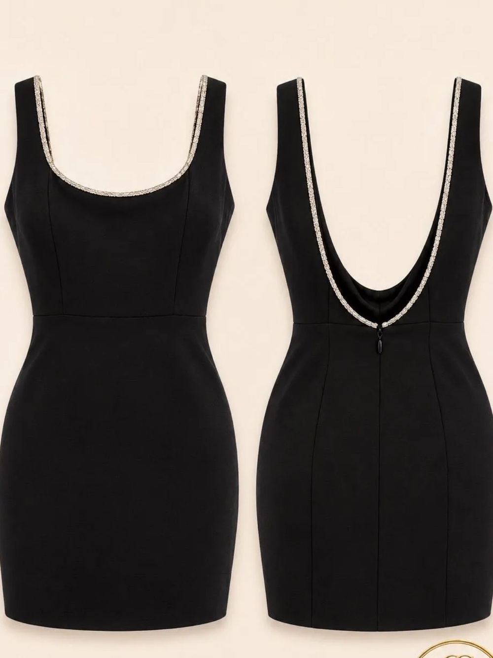 Revolve Scoop Neck Black Mini Dress with Embellished Trim